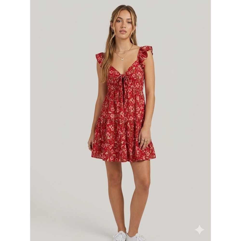 Band‎ of the Free Red Floral Ruffle Tie Front Tiered Mini Dress - Small